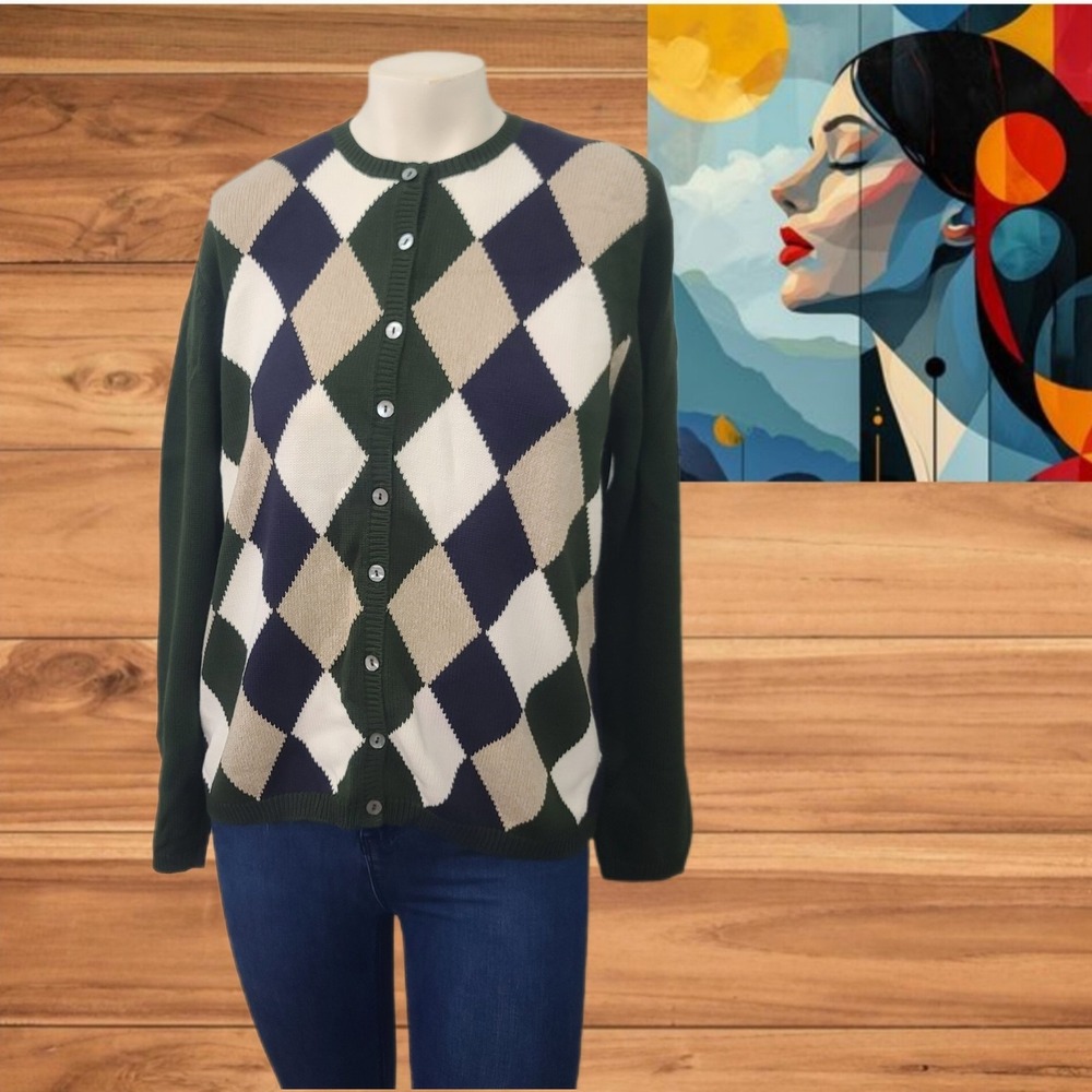 Karen Scott Argyle Knit Cardigan‎ Sweater Women's  Multicolor Sz M